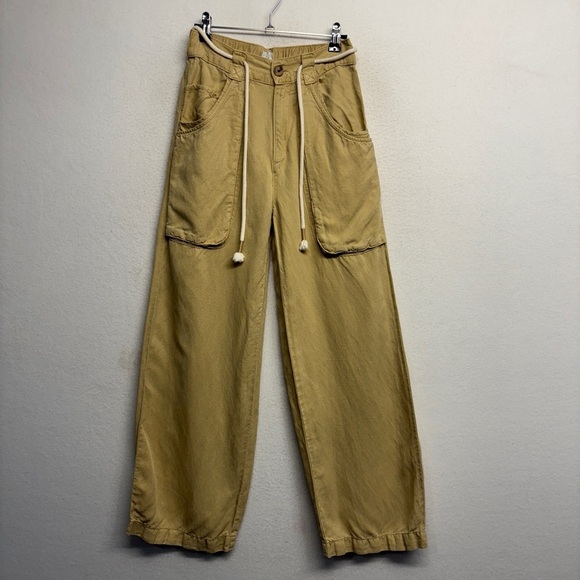 joie wide leg pants lyocell linen blend 2 butter yellow rope belt pockets - Picture 1 of 6